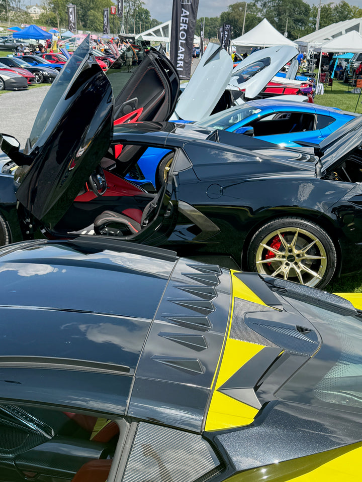 Corvettes with vertical doors and AEROLARRI wheels at a car show